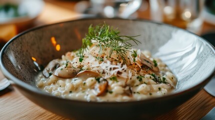 Creamy mushroom risotto dish garnished with herbs and cheese
