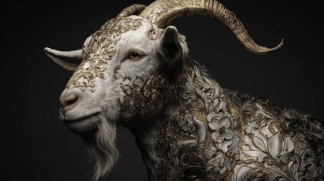 Majestic White Goat Ornate Gold Floral Design Elegant Animal Portrait Artistic 3D Render Luxurious Detailed Fur  High Resolution Image Premium Quality Decorative Goat free style   