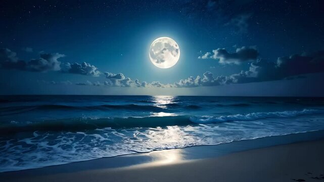 Bright full moon over ocean waves on a beach at night, twinkling stars, white clouds, deep blue water, serene seascape, peaceful ocean scenery
