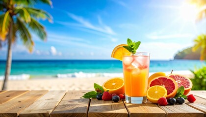 Obraz premium summer background with fresh drink and fruit