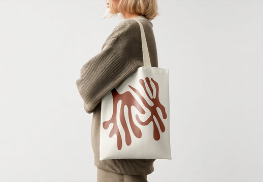 Tote Bag Mockup on Shoulder with Minimal Clothing Style