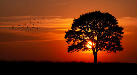Fototapeta premium Silhouette Tree with Fiery Red and Orange Sunset Sky and Birds