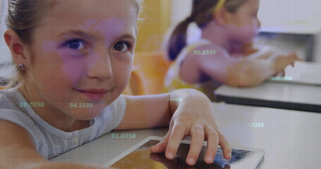 Image of data processing over caucasian school children with tablets