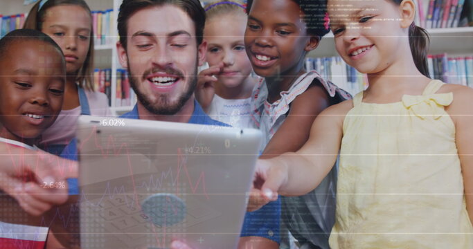 Image of data processing over diverse schoolchildren and teacher using tablet