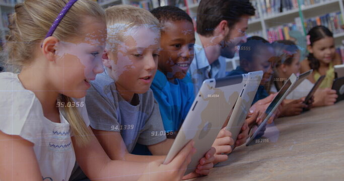 Image of data processing over diverse schoolchildren and teacher using tablets in classroom