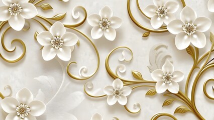 3D White and Gold Floral Wallpaper