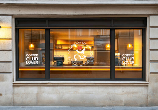 Coffee Shop Window Mockup with Warm Lights