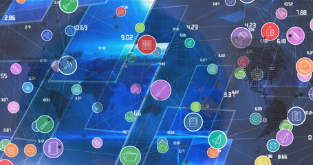 Image of network of connections with icons over globe