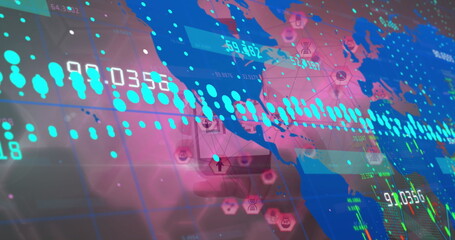 Image of interface with data processing and globe of digital icons over hand holding smartphone