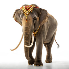 Fototapeta premium An Asian elephant with decorated tusks in a full-body view, displaying intricate ornamentation and natural posture.