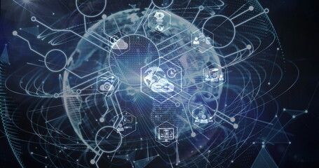 Image of icons over computer circuit board and globe on black background