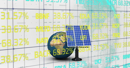 Image of data processing over globe and solar panel