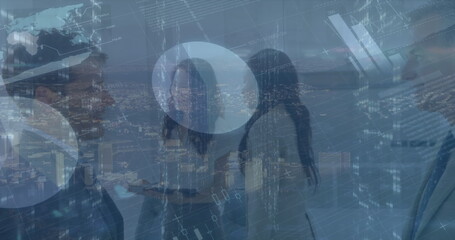 Image of data processing over diverse business people talking