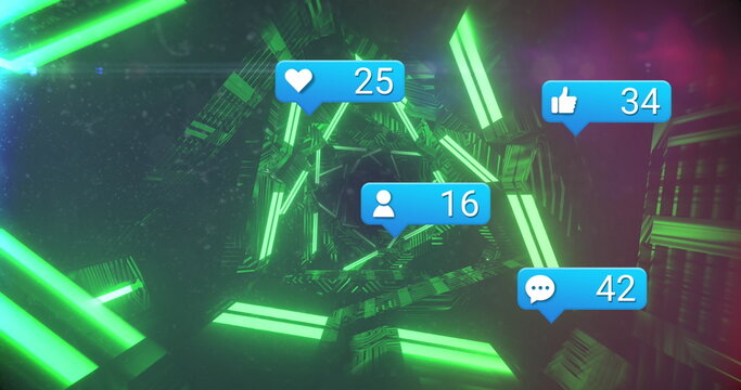 Image of media icons over digital tunnel - Powered by Adobe