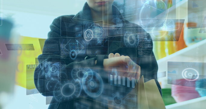 Image of data processing over woman checking smartwatch