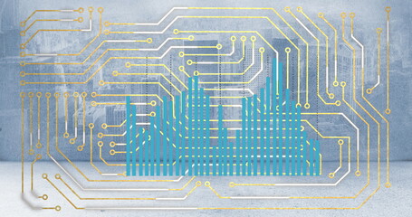Image of computer circuit board over cityscape