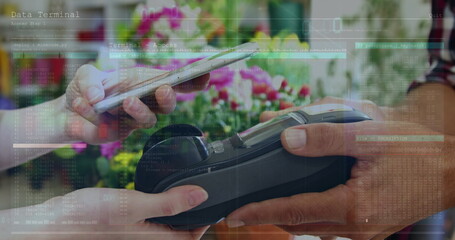 Image of financial data over hands of diverse people using payment terminal