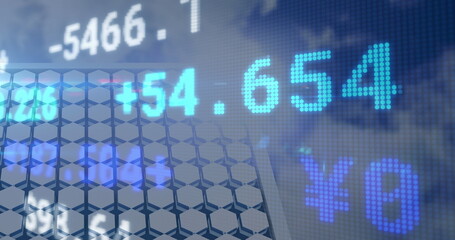 Image of financial data and graphs over solar panels