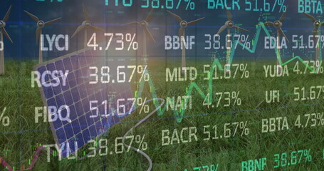 Image of financial data and graphs over solar panels