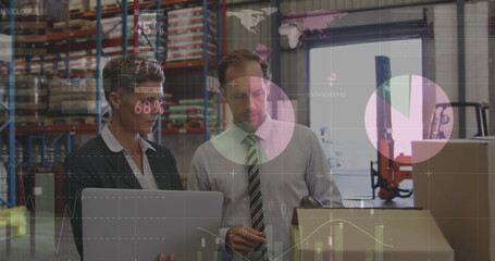 Image of data processing over caucasian workers talking