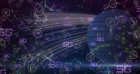 Multiple 6g texts and network of connections against globe and light trails on blue background