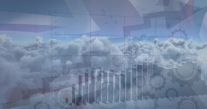 Naklejki Image of financial graphs and arrows over clouds and great britain flag