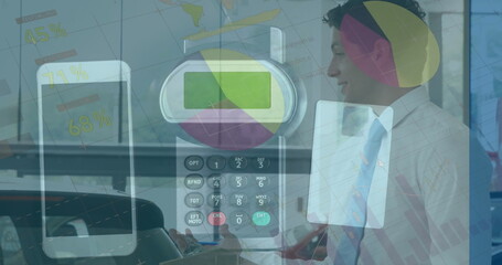 Image of data processing over calculator and caucasian businessman smiling