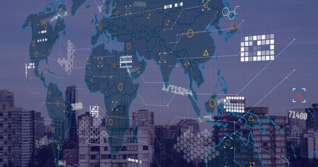 Image of numbers, icons and world map over cityscape