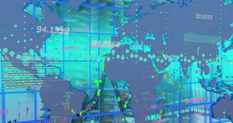 Digital image of data processing over world map against blue background