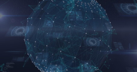 Image of globe of network of connections against data processing and round scanners