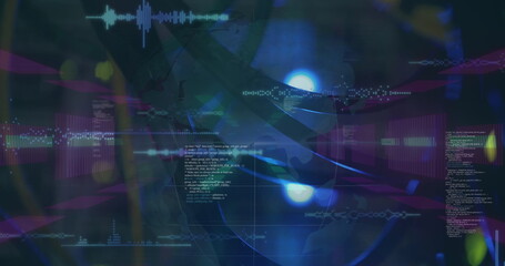 Image of lights, shapes and data processing in navy digital space