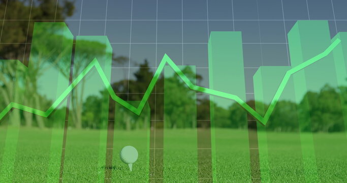 Image of statistical data processing over mid section of a man playing golf at golf course