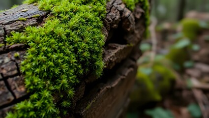 Fototapeta premium Lush Green Moss Growing on Decaying Log in Forest