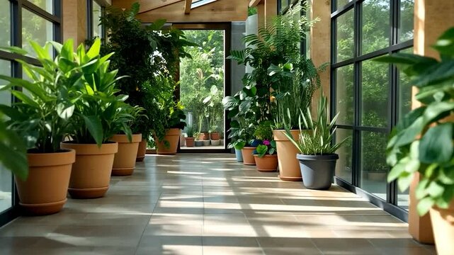 Lush green plants in terracotta pots line a sunlit hallway interior with large windows a tranquil botanical scene