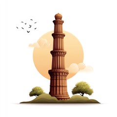 Majestic Qutub Minar stands tall against a vibrant sunset, birds soaring in the tranquil sky above.