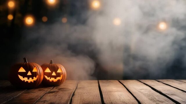 Two glowing carved jack o lantern pumpkins with smiling faces sit on wooden table with smoky fog and warm bokeh light background, creating spooky Halloween atmosphere