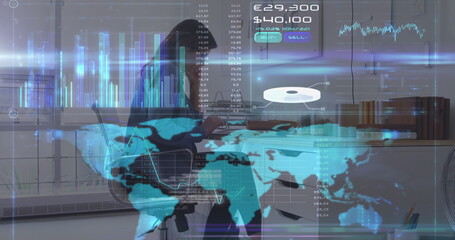 Image of data processing and world map over caucasian businesswoman at office