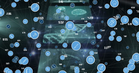 Image of icons, connections and diverse data on digital screens