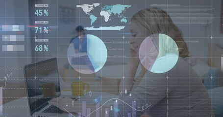 Image of financial data processing over businesswomen using smartphone