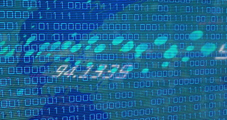 Image of data processing and binary coding over world map on blue background