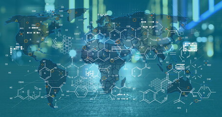 Image of graphs and chemical formulas over world map and night cityscape