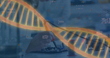 Image of spinning dna strand an data processing over female caucasian scientist in laboratory