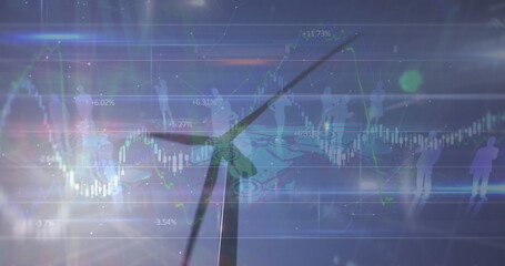 Image of financial data and graph over landscape with wind turbines