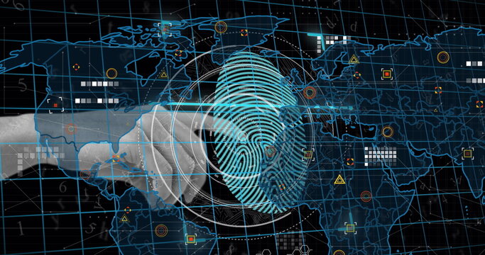 Image of scope scanning and world map over hand and fingerprint on black background