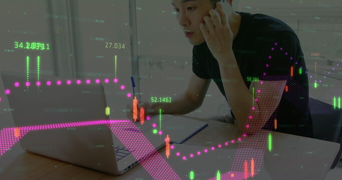 Image of financial data processing over businessmen using smartphone
