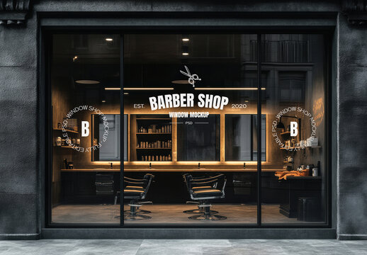 Barber Shop Window Mockup with Interior View