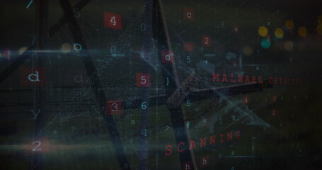 Image of scanning, virus warning over electricity poles