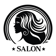 Elegant beauty salon logo featuring a graceful woman silhouette with flowing hair, symbolizing style, femininity, and professional care in a luxurious setting.

