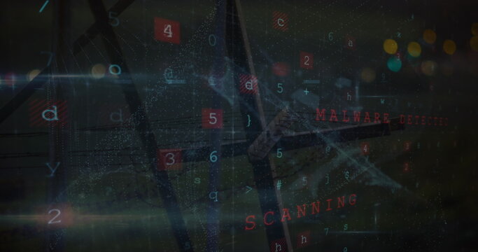 Image of scanning, virus warning over electricity poles