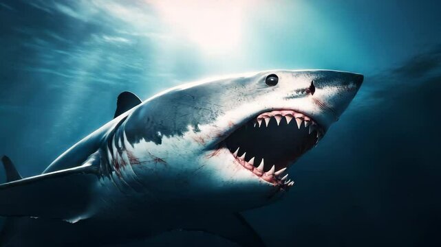Great white shark underwater ocean predator with sharp teeth swimming in deep blue sea marine wildlife fish water aquatic creature